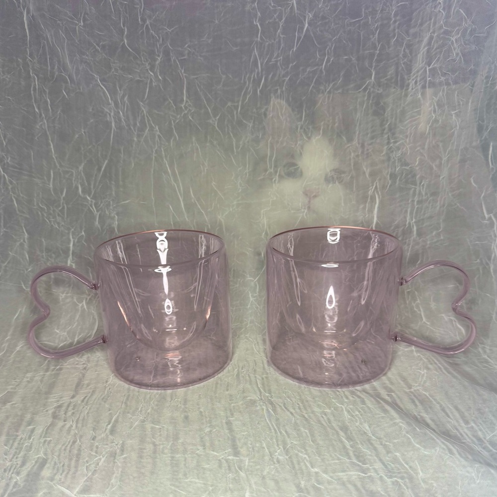 2 Set Heart-Shaped Handle Glass Mugs - Pink